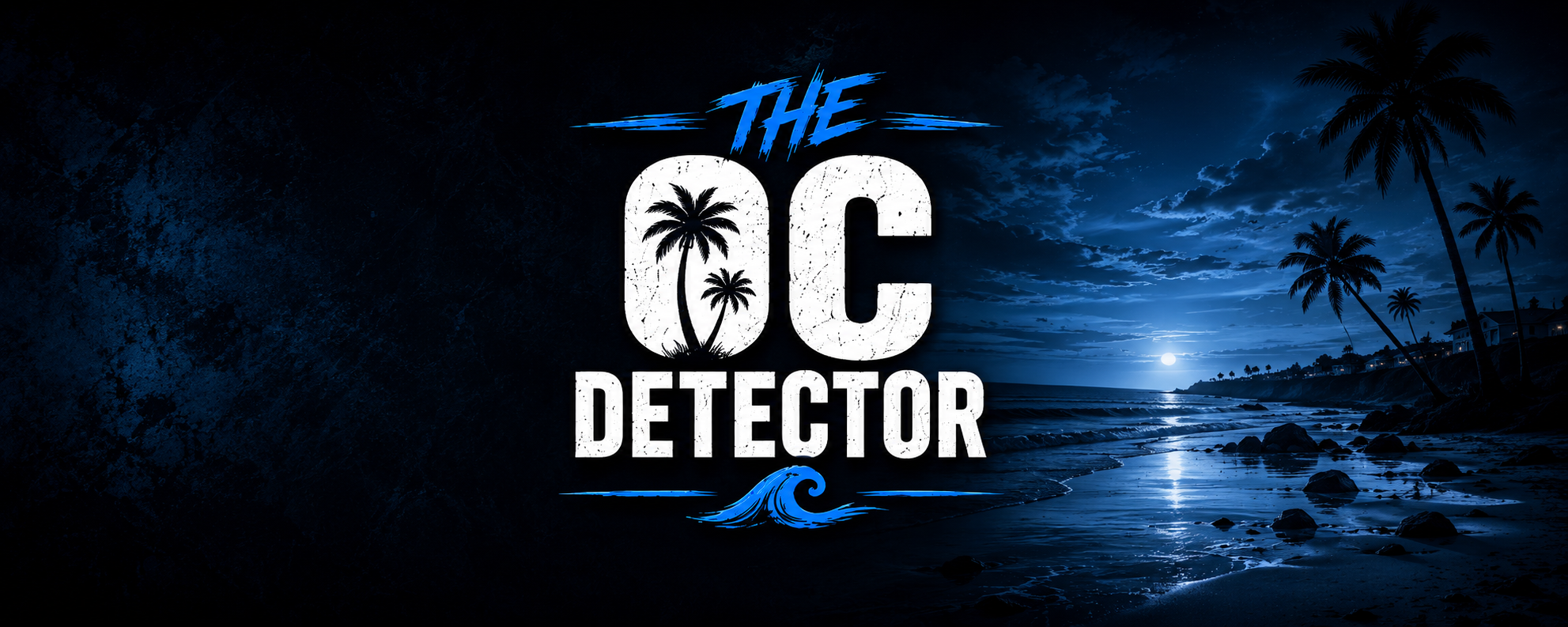 TheOCDetector logo over a moonlit beach with palm trees